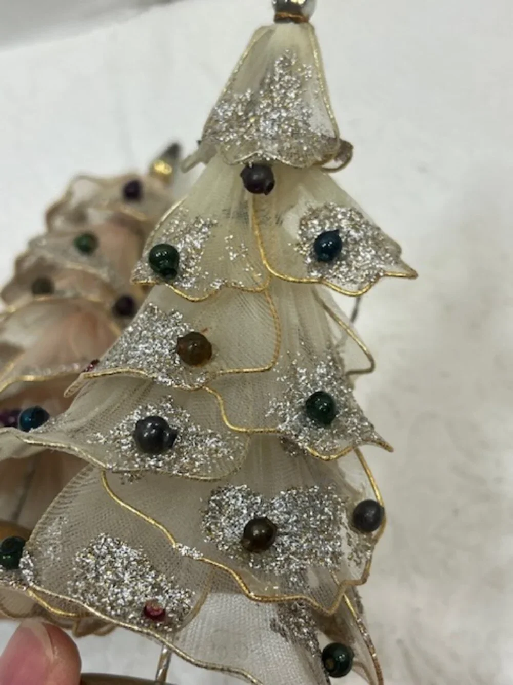 Two Antique Pink & White Tulle Mesh Christmas Tree Tabletop Decor GlassBalls  5